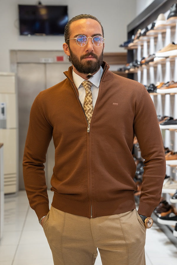 GentWith Sturgis Brown Slim Fit Zipper Brown Cardigan