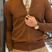 GentWith Sturgis Brown Slim Fit Zipper Brown Cardigan