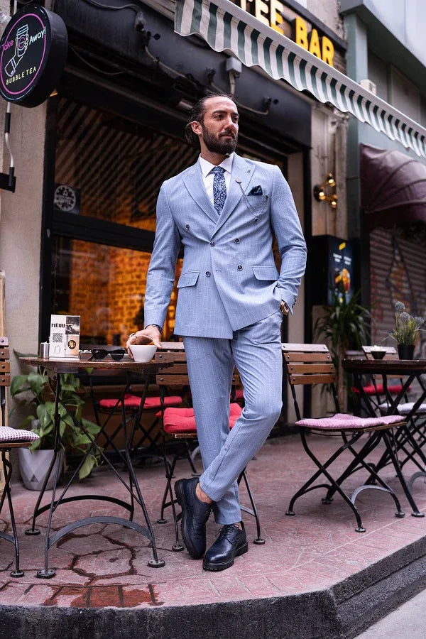 Sturgis Sky Blue Slim Fit 2 Piece Striped Double Breasted Suit