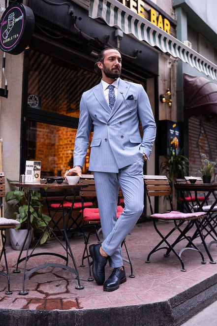 Sturgis Sky Blue Slim Fit 2 Piece Striped Double Breasted Suit