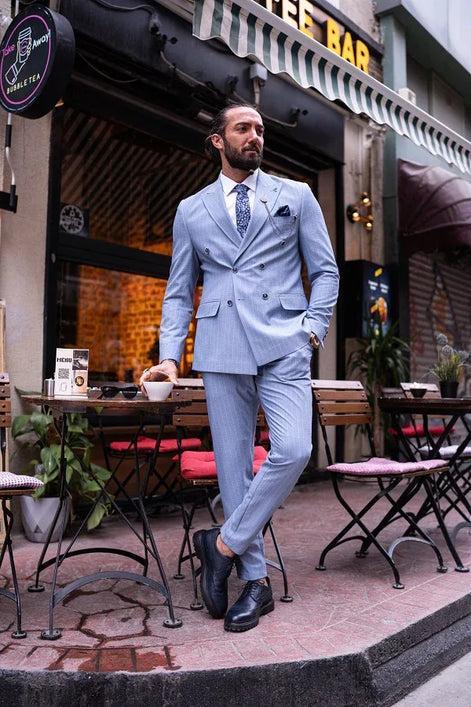 Sturgis Sky Blue Slim Fit 2 Piece Striped Double Breasted Suit