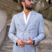 Sturgis Sky Blue Slim Fit Double Breasted Striped Blazer