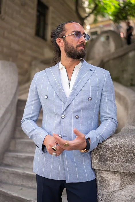 Sturgis Sky Blue Slim Fit Double Breasted Striped Blazer