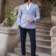Sturgis Sky Blue Slim Fit Double Breasted Striped Blazer