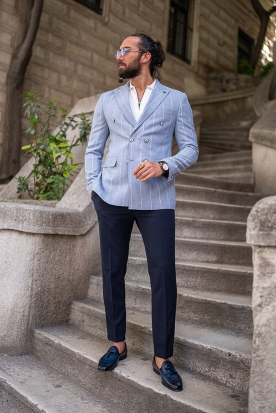 Light Blue Double Breasted Striped Blazer