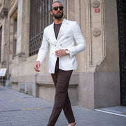 Sturgis White Slim Fit Double Breasted Striped Blazer