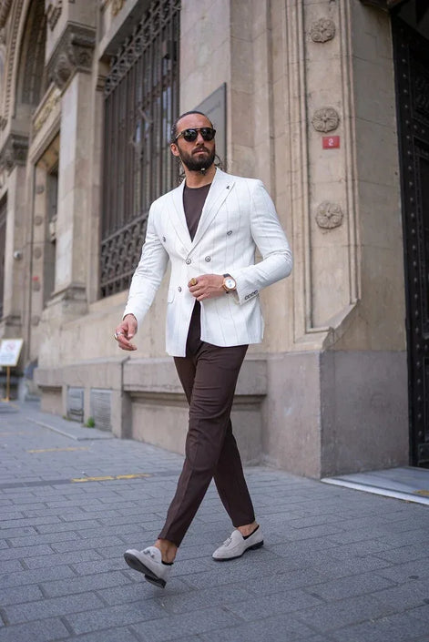 Sturgis White Slim Fit Double Breasted Striped Blazer