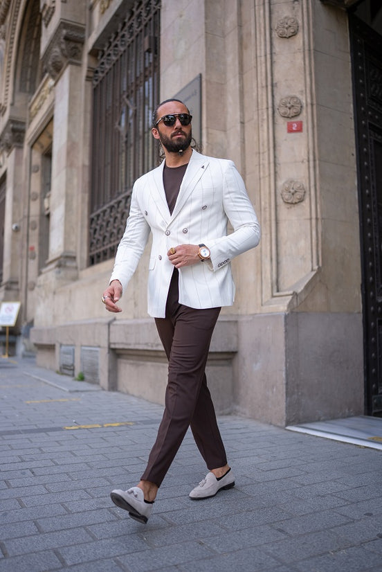 White Double Breasted Striped Blazer