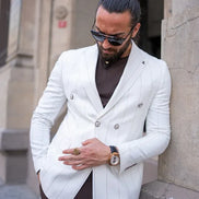 Sturgis White Slim Fit Double Breasted Striped Blazer