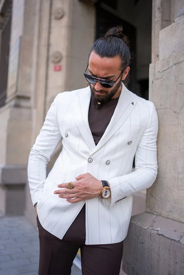 Sturgis White Slim Fit Double Breasted Striped Blazer