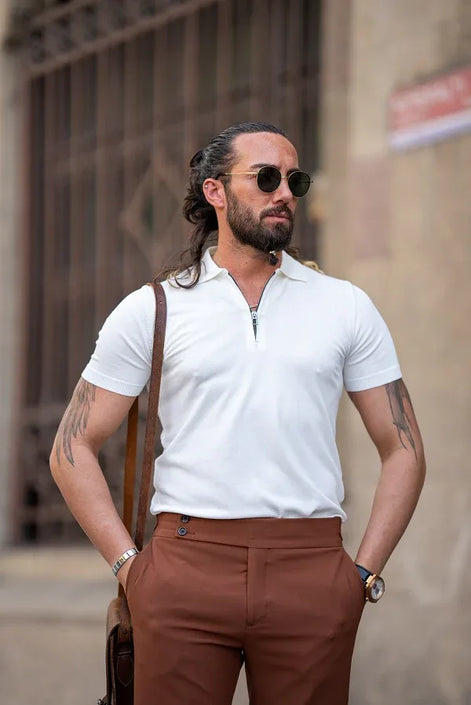 Sturgis White Slim Fit Zippers Polo T-Shirt