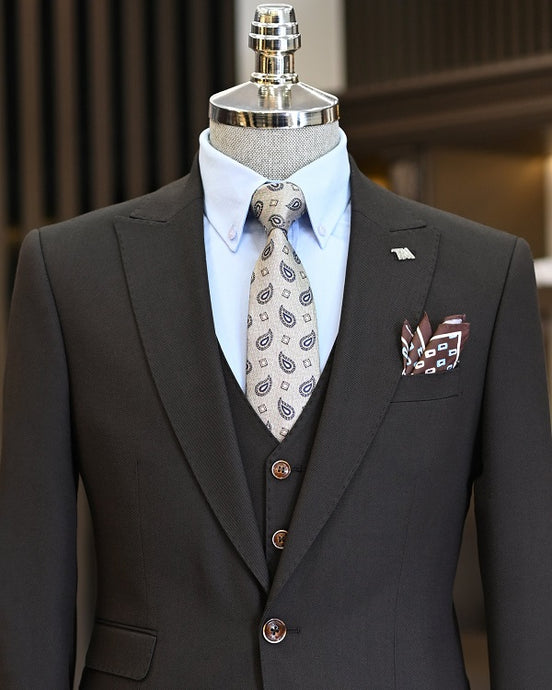 GentWith Suffolk Coffee Brown Slim Fit 3 Piece Peak Lapel Suit