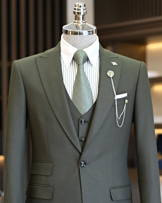 GentWith Suffolk Forest Green Slim Fit 3 Piece Peak Lapel Suit
