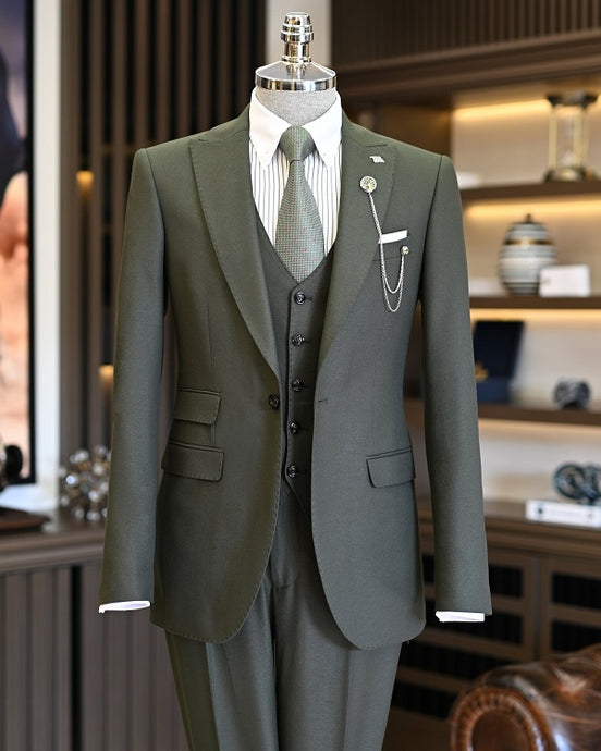GentWith Suffolk Forest Green Slim Fit 3 Piece Peak Lapel Suit
