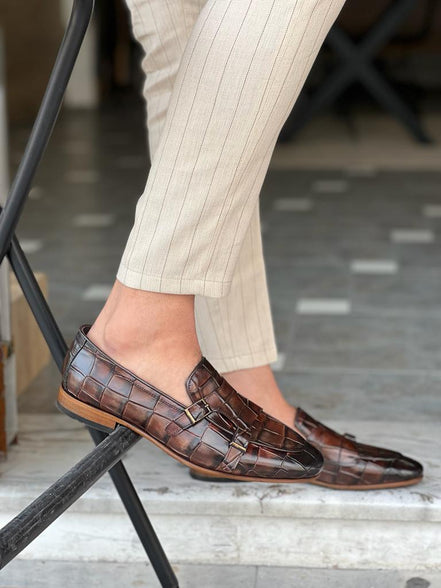 Tampa Crocodile Pattern Brown Double Monk Strap Shoes