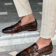 Tampa Crocodile Pattern Brown Double Monk Strap Shoes
