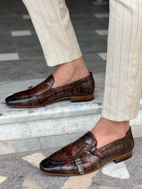 Tampa Crocodile Pattern Brown Double Monk Strap Shoes