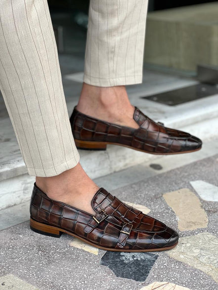 Tampa Crocodile Pattern Brown Double Monk Strap Shoes