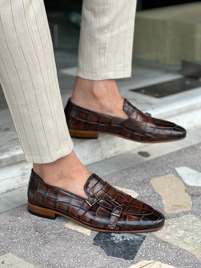 Tampa Crocodile Pattern Brown Double Monk Strap Shoes