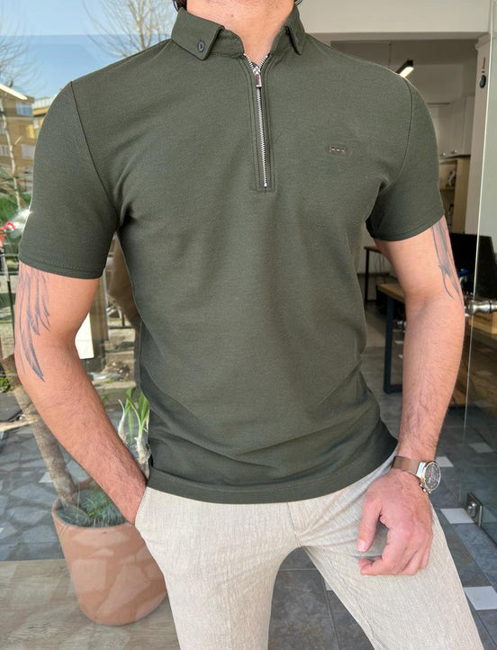 Green Slim Fit Zipper Polo T-Shirt