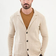 GentWith Tea Notch Collar Double Pocket Knit Beige Cardigan
