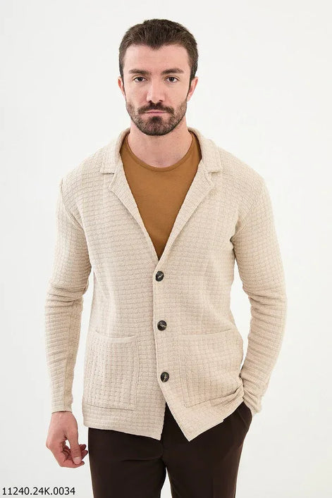 GentWith Tea Notch Collar Double Pocket Knit Beige Cardigan