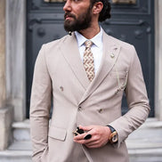 GentWith Tea Beige Slim Fit 2 Piece Pinstripe Double Breasted Suit