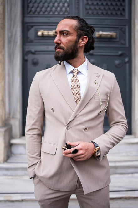 GentWith Tea Beige Slim Fit 2 Piece Pinstripe Double Breasted Suit