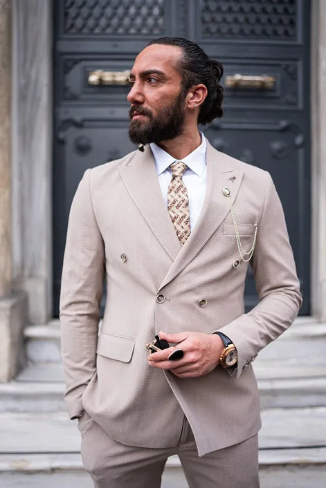 GentWith Tea Beige Slim Fit 2 Piece Pinstripe Double Breasted Suit