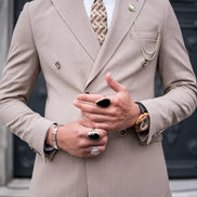 GentWith Tea Beige Slim Fit 2 Piece Pinstripe Double Breasted Suit
