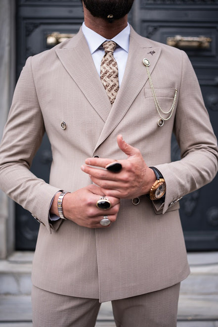 GentWith Tea Beige Slim Fit 2 Piece Pinstripe Double Breasted Suit