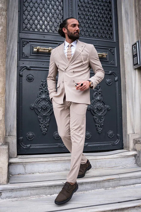 GentWith Tea Beige Slim Fit 2 Piece Pinstripe Double Breasted Suit
