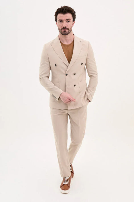 GentWith Tea Beige Slim Fit Double Breasted Suit
