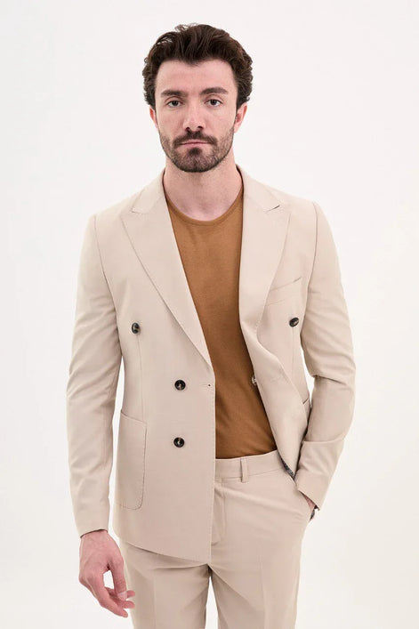 GentWith Tea Beige Slim Fit Double Breasted Suit
