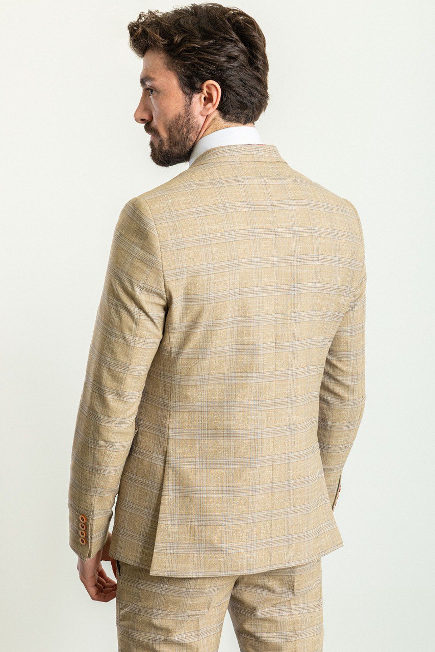 Tea Slim Fit Notch Lapel 3 Piece Beige Plaid Suit