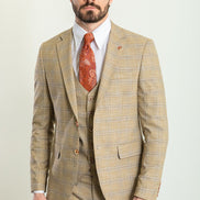 Tea Slim Fit Notch Lapel 3 Piece Beige Plaid Suit