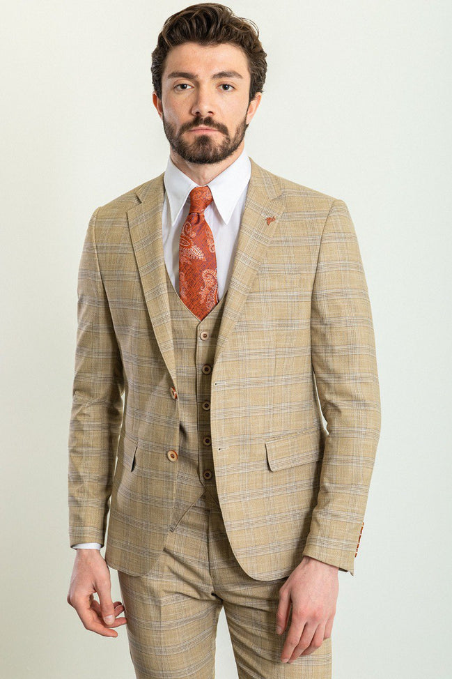 Tea Slim Fit Notch Lapel 3 Piece Beige Plaid Suit