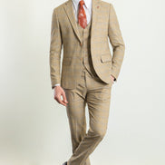 Tea Slim Fit Notch Lapel 3 Piece Beige Plaid Suit