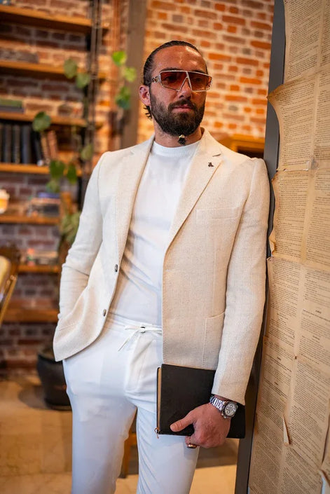 Tea Beige Slim Fit Notch Lapel Striped Blazer