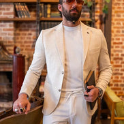 Tea Beige Slim Fit Notch Lapel Striped Blazer