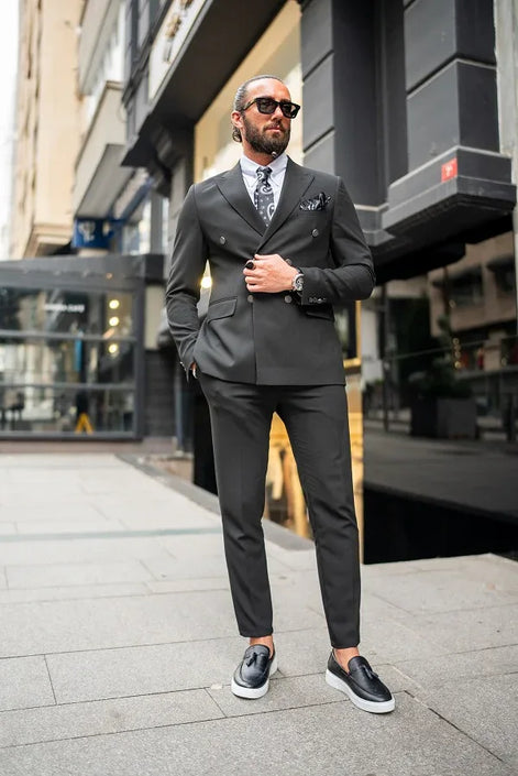 GentWith Tea Black Slim Fit 2 Piece Double Breasted Suit