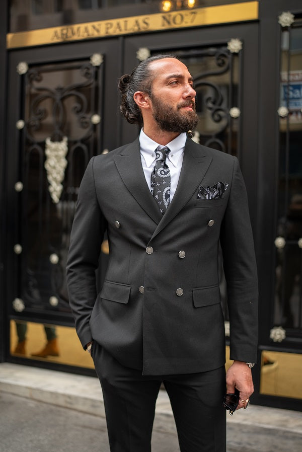 GentWith Tea Black Slim Fit 2 Piece Double Breasted Suit