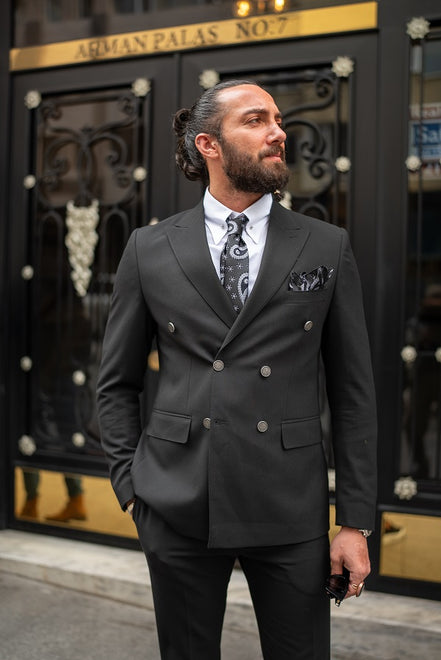 GentWith Tea Black Slim Fit 2 Piece Double Breasted Suit