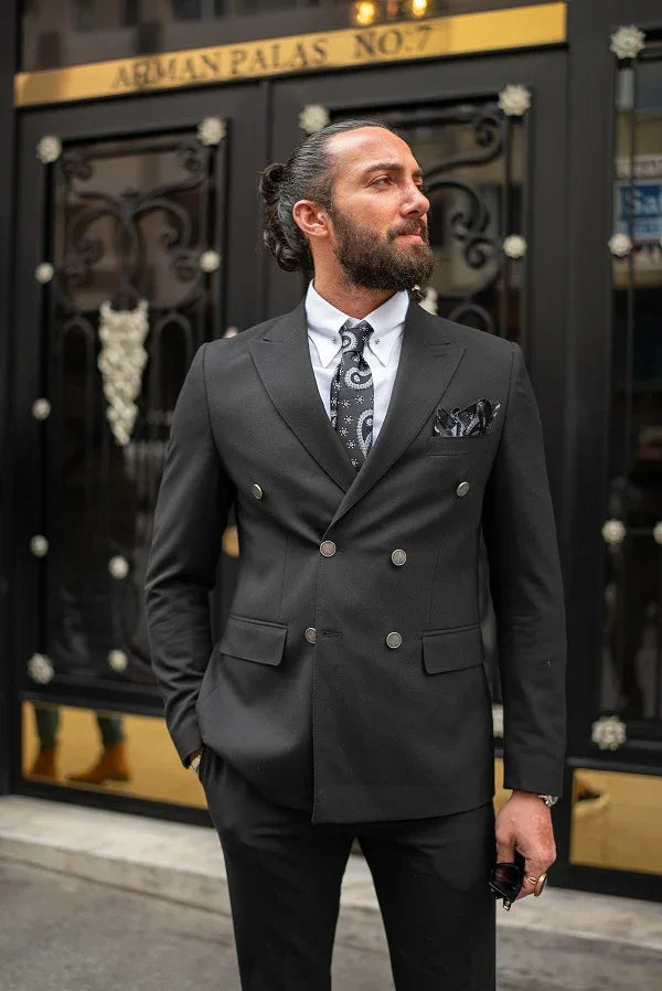 GentWith Tea Black Slim Fit 2 Piece Double Breasted Suit