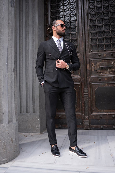 Tea Black Slim Fit 2 Piece Pinstripe Double Breasted Suit