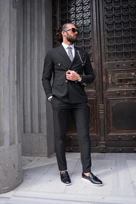 Tea Black Slim Fit 2 Piece Pinstripe Double Breasted Suit