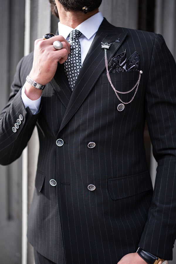 Tea Black Slim Fit 2 Piece Pinstripe Double Breasted Suit