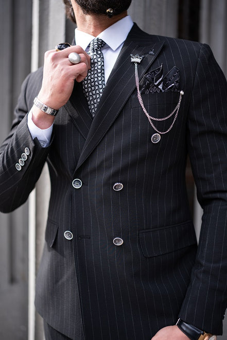 Tea Black Slim Fit 2 Piece Pinstripe Double Breasted Suit