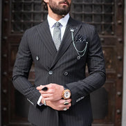 Tea Black Slim Fit 2 Piece Pinstripe Double Breasted Suit