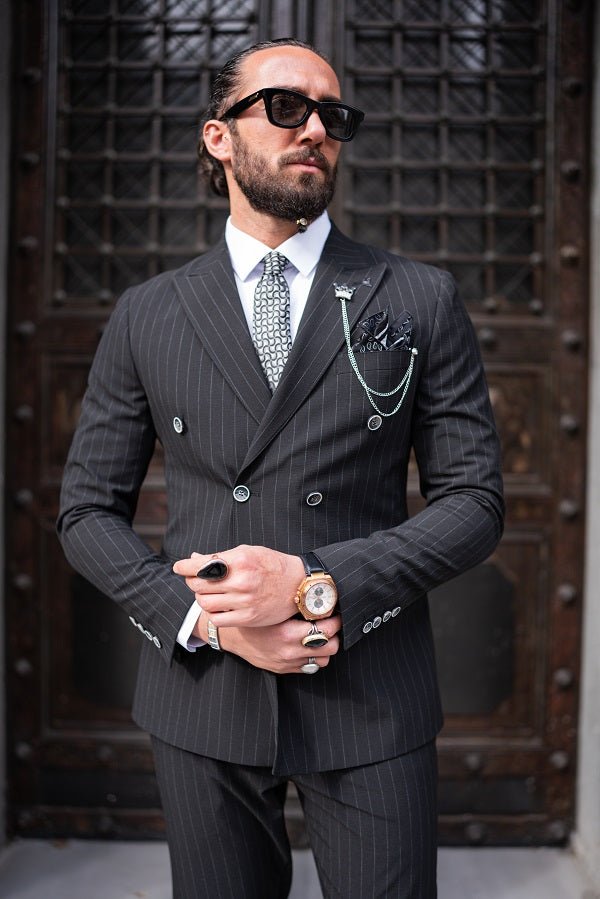 Tea Black Slim Fit 2 Piece Pinstripe Double Breasted Suit